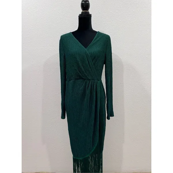 Women's Fringe Wrap Ruched V Neck Long Sleeve Solid Bodycon Party Maxi Dress siz - Image 3