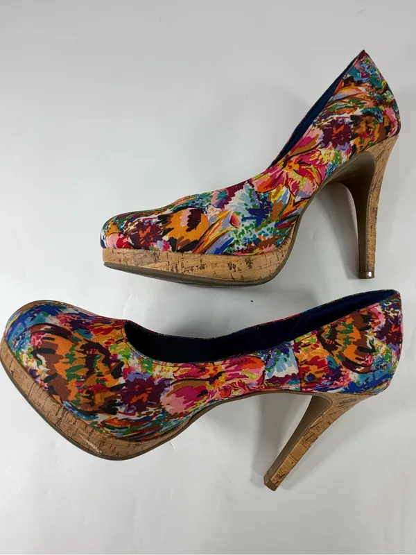 Fioni Floral Platform Pumps Cork Stiletto High Heels Multicolor Y2K Womens 8W - Image 2