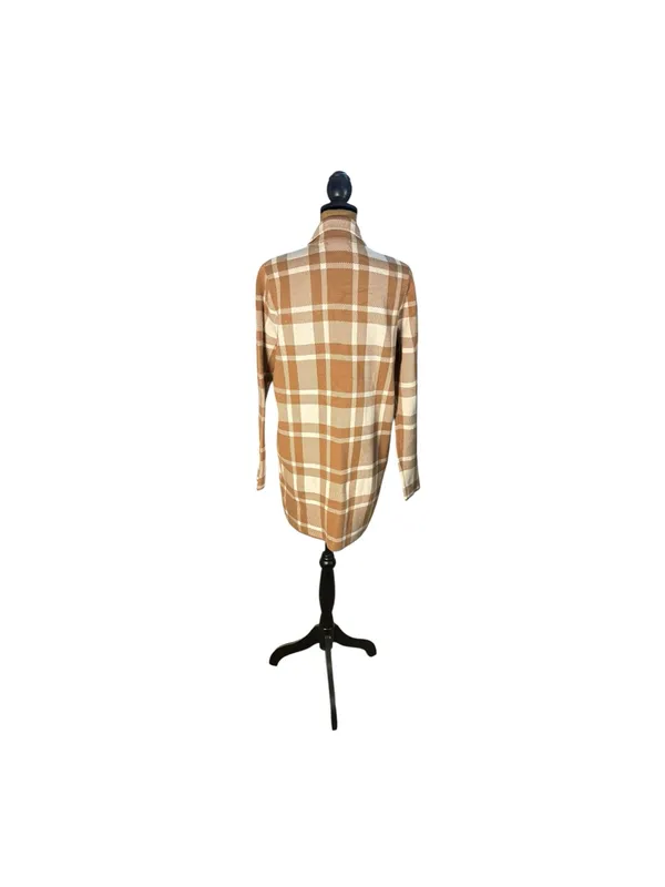 Christian Siriano Women L Plaid Knit Blazer Tan Cream Longline Preppy Office - Image 3