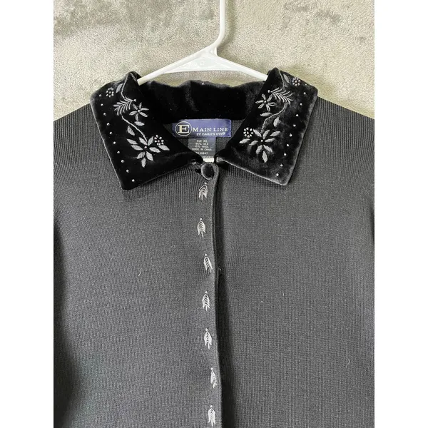 Vintage Black Silk Wool Embroidered Floral Cardigan Preppy 90s Cottage Goth XL - Image 2