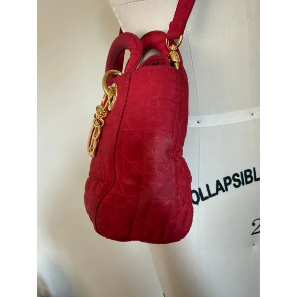 Vintage Christian Dior Lady Dior Red Cannage Nylon Canvas Bag w/ Strap - Image 5