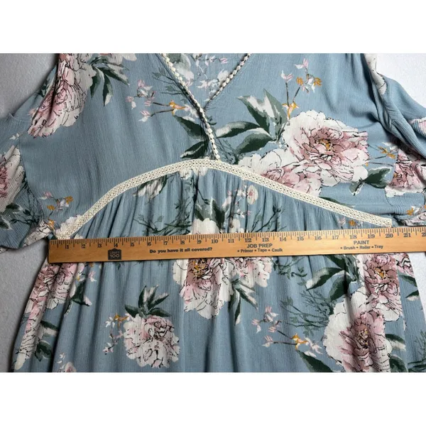 Umgee Floral Babydoll Tunic Top Blue Pink Ruffle Bell Sleeve Boho L - Image 10