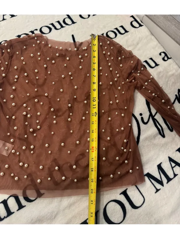 cropped top with pearls and long sleeves; pearl-embellished Sz L - Image 3