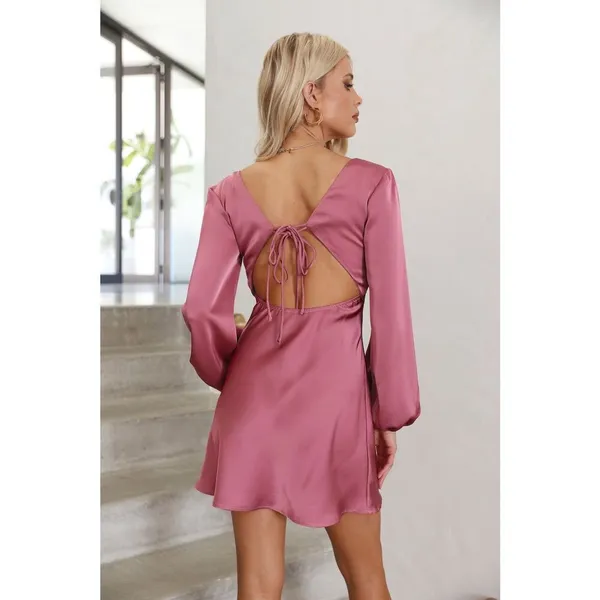 Hello Molly DREAM DATE SATIN MINI Long Sleeve DRESS ROSE Size 6 #900 - Image 3