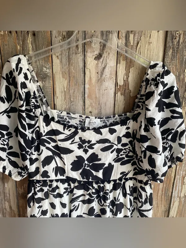 Perch black white floral print puff sleeve tiered flowy maxi dress summer 1X - Image 5