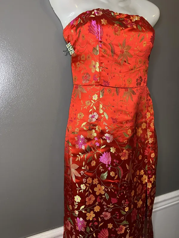 Lulus Dress Womens Medium Red Floral Jacquard Strapless Sheath Maxi Side Slit - Image 5