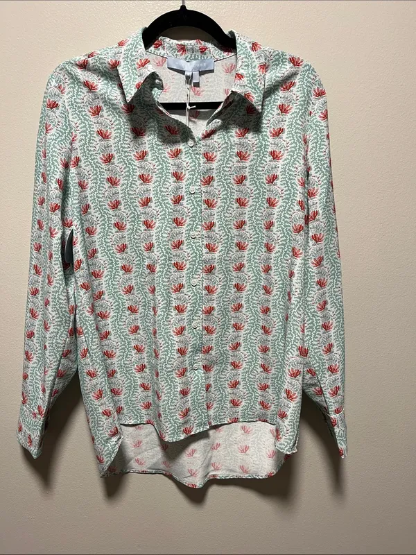 HILL HOUSE (NWT) The James Button-Down Shirt in Floral Vine, Mint/Coral, Size S - Image 2