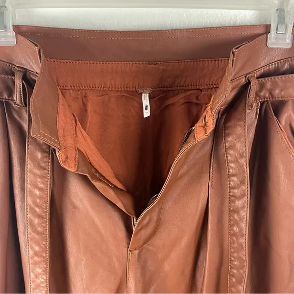 FREE PEOPLE Faux Leather Camel Paperbag Tie Waist Raw Hem Pants 14 Boho Chic - Image 11