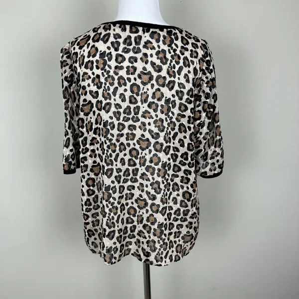 A New Day Top Womens Large Leopard Animal Print‎ Short Sleeve Sheer Blouse L - Image 7