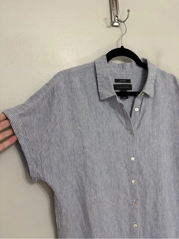 Tahari 100% Linen Button Down Boxy Shirt Dress Blue and White Pinstripe - Size S - Image 6