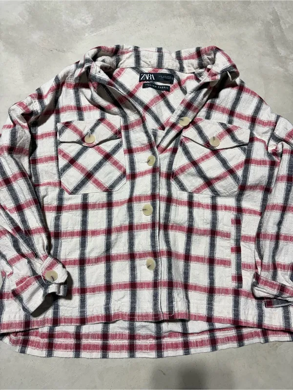 ZARA Plaid Button-Up Shirt Jacket - Cream, Red & Black Italian fabric XL - Image 5