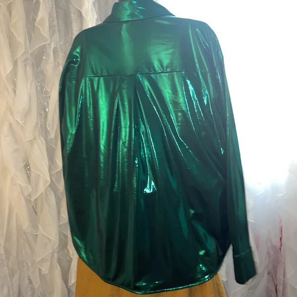 Anthropologie L Green Blouse Anthropologie The Gillian Liquid Shine Buttondown - Image 6