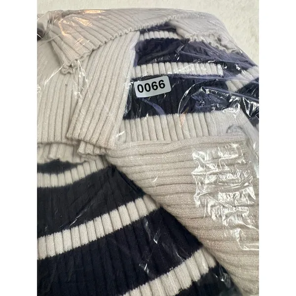 Striped Ribbed Knit Long Sleeve Top Nautical Button‎ Detail Navy White L - Image 6