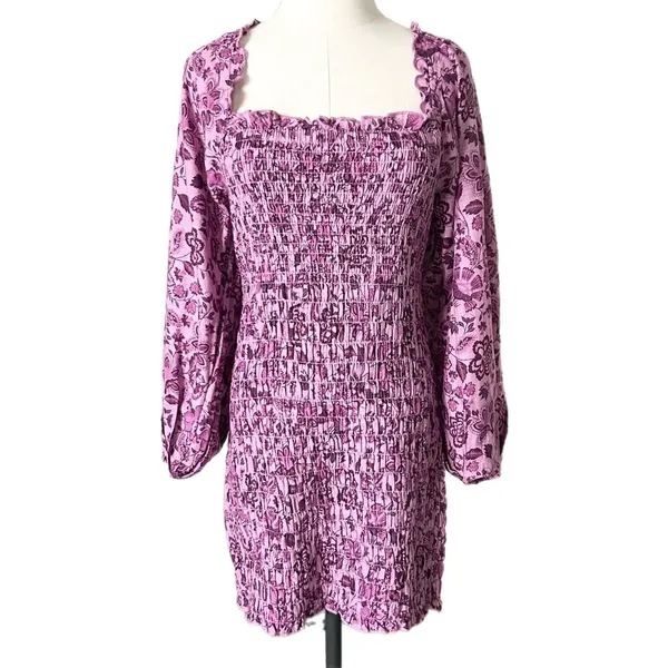 Free People Smock It To Me Shirred Mini Dress in Purple Multi Size Small - Image 3