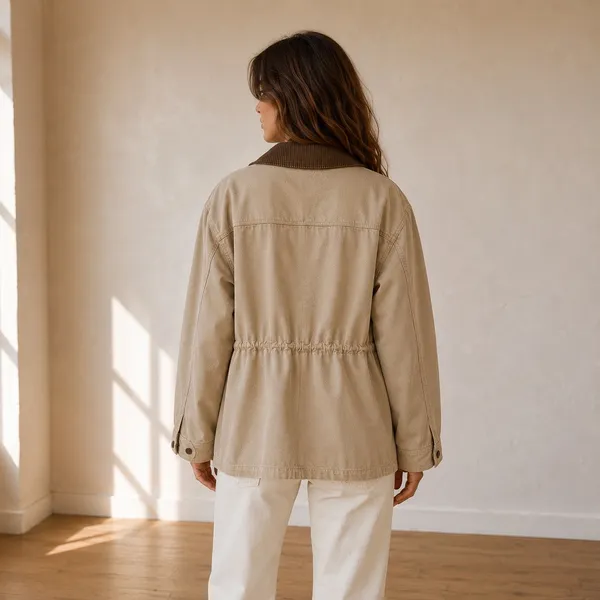 Vintage Tan Barn Coat Corduroy Collar Cotton Utility Jacket Chore Coat Large - Image 3