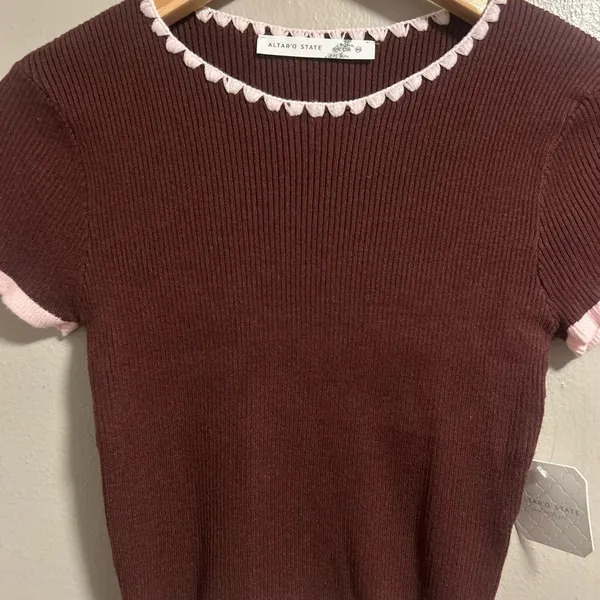 Altar'd State Brown Knit Tee with Pink Trim - Image 3