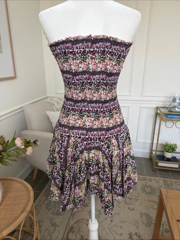 Boho Cottagecore Smocked Cotton Floral Y2K Handkerchief Hem Strapless Dress S - Image 4