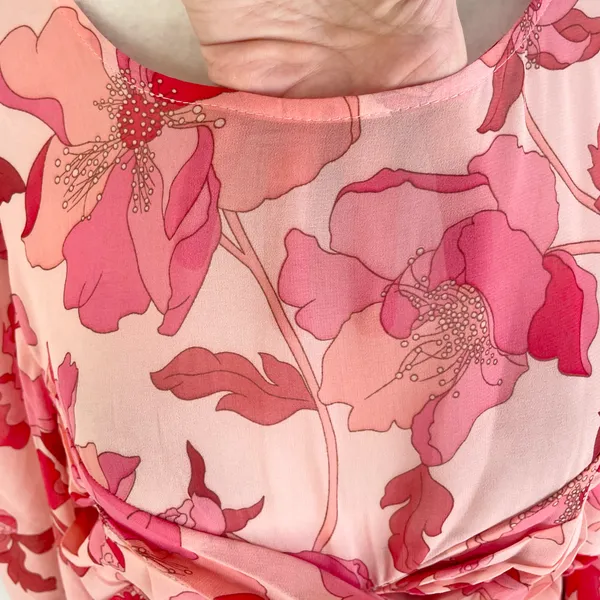 New Floral Print Twist Keyhole Front Long Sleeve Dress Pink Size XL - Image 6