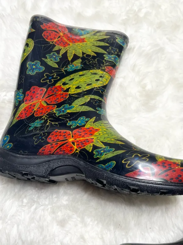 SLOGGERS Black Red & Green Floral Rain & Garden Waterproof Ankle Boots Size 9 - Image 5