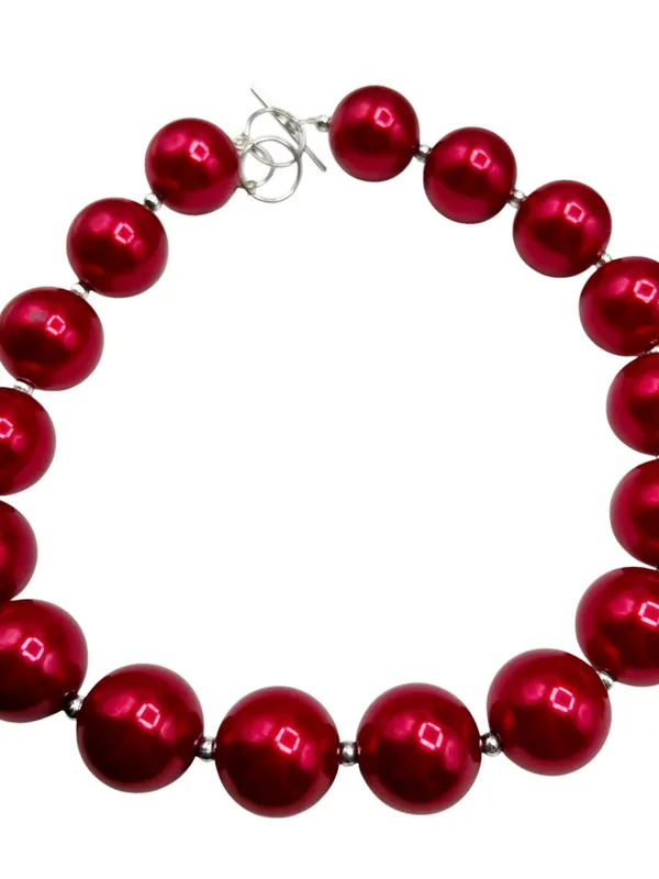 Red, Blue & Green Chunky Faux Pearl Necklace & Bracelet Jewelry Lot - Image 5