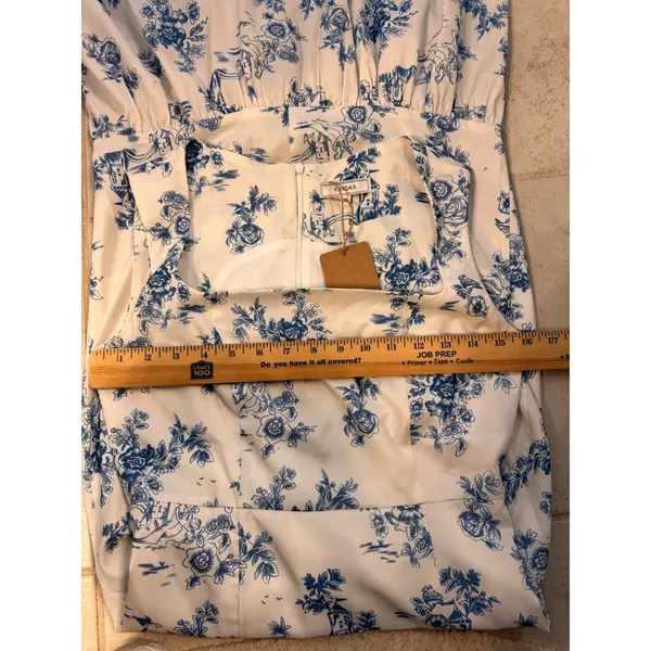 Rihoas Blue White Toile Floral Square Neck Ruffle Hem Midi Dress XS NWT - Image 10