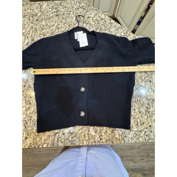 Club Monaco black ribbed V-neck button-down Cardigan Size Small Wool Cotton - Image 7