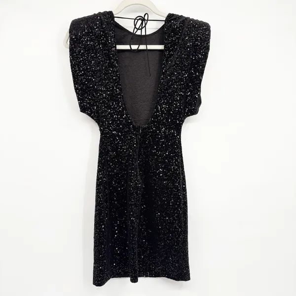 Zara Womens Black Sequin Padded Shoulder Open‎ Back Glam Cocktail Mini Dress XS - Image 9