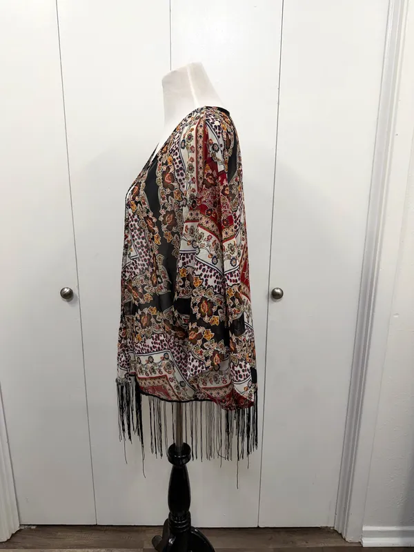 Xhilaration Floral Boho Kimono Cardigan Sheer Fringe Hem Size Large - Image 3