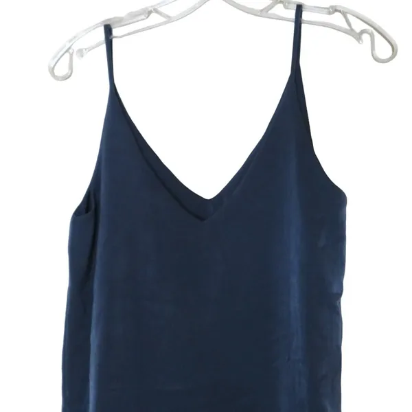 Aqua Satin Tunic Mini Dress, V-Neck Flowy Spaghetti Straps, Party Navy Blue XS - Image 4