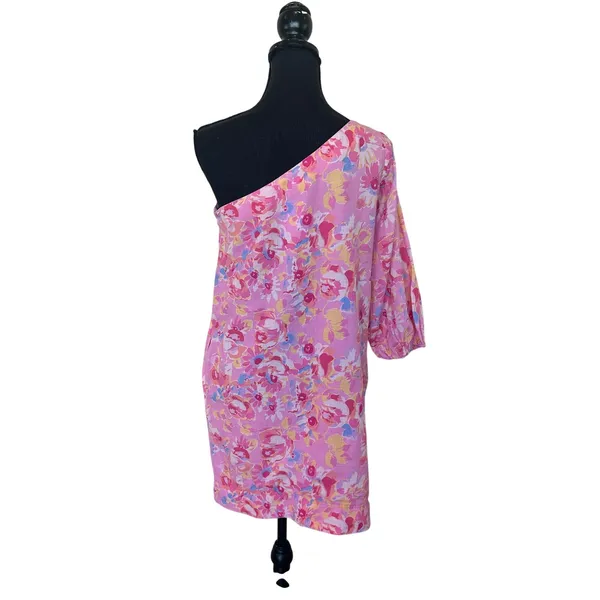 Something Navy Pink Floral Mini Dress MEDIUM One Shoulder Linen Shift Party $165 - Image 9