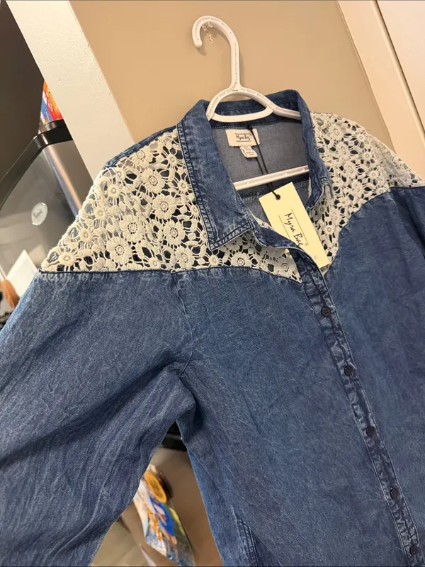 Myra Denim & Crochet Lace Western Button-Down Shirt - L Texas Nashville rodeo - Image 5