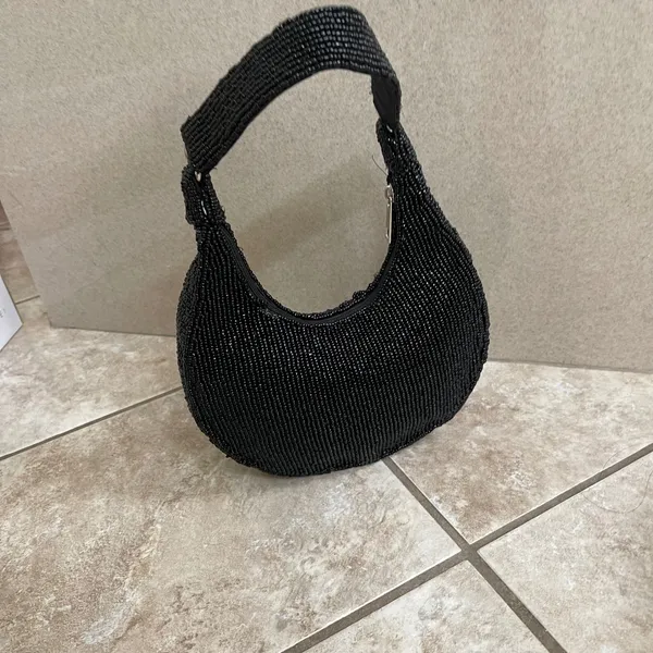 Studio 12 Black Beaded Floral Hobo Shoulder Bag Crescent Y2K Small Purse - Image 4