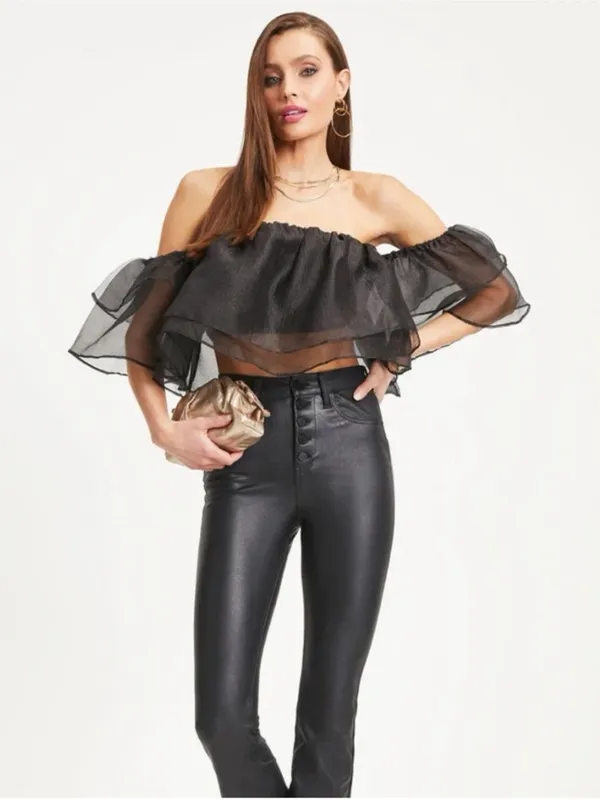 $55 NWOT Miou muse organza sheer black ruffle crop top S - Image 2