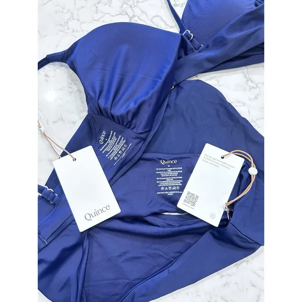 NWT Quince Deep Navy Blue Italian V Neck Top High Rise Bottom Bikini Set Medium - Image 3