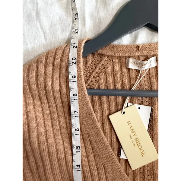 Ramy Brook Sweater NWT Women M Camel Ribbed V-Neck Wool Cashmere Balloon Sleeve - Image 7