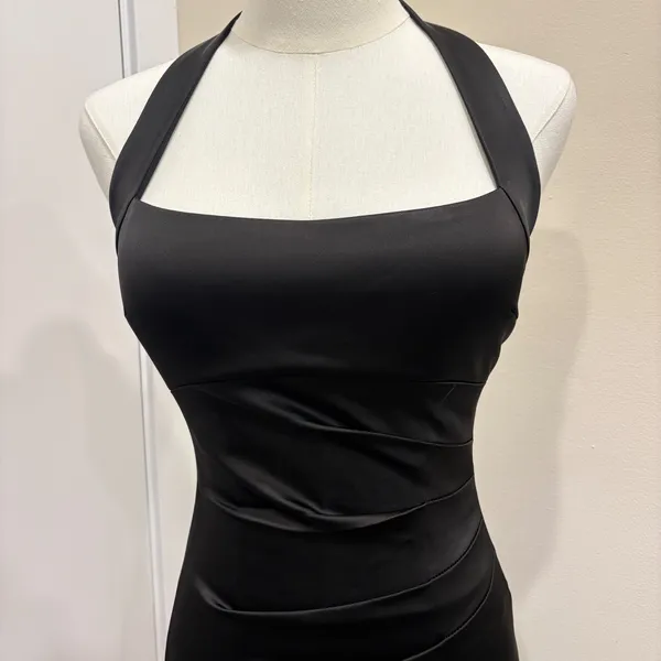 VTG Y2K Cache Black Satin Halter Ruched Bodycon Cocktail Wiggle Dress Pinup Sz 2 - Image 3