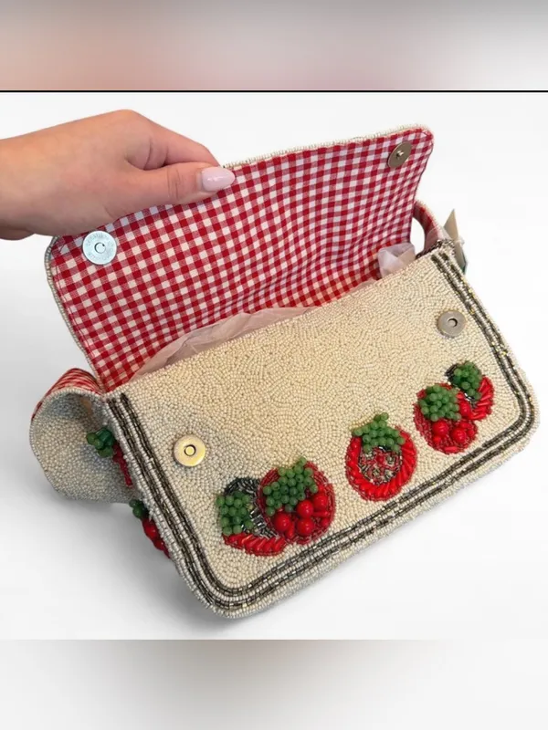 Beaded Cherry Shoulder Bag in Cream and Red - Image 3