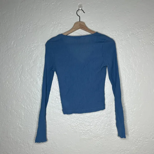 Madewell Semi-Sheer Shirred V-Neck Top Blue Long Sleeve NM647 FA23 Women M - Image 3