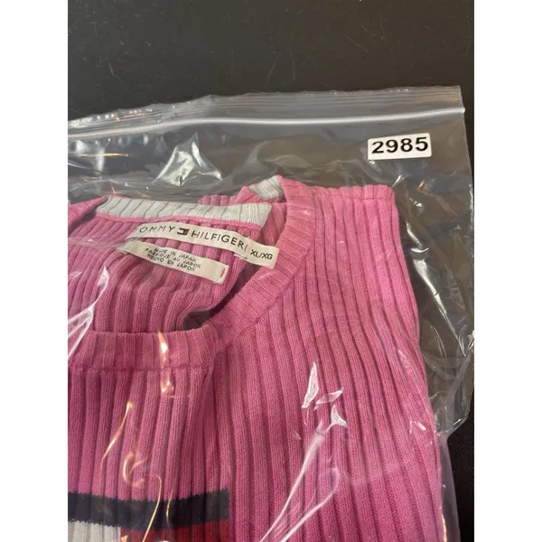Tommy Hilfiger Ribbed Knit Sweater Womens XL Pink Flag Logo Y2K Preppy FLAW - Image 13