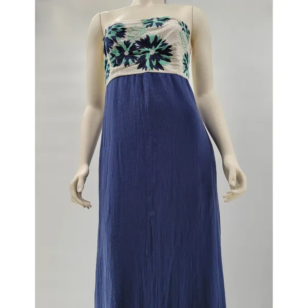 Missy Robertson Strapless Maxi Dress Large Blue Embroidered Floral Boho Summer - Image 10