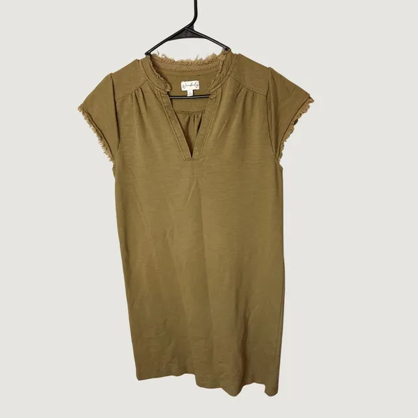Wonderly Womens Olive Green Frayed Trim Split V-Neck Shift Dress Small RN31104 - Image 2