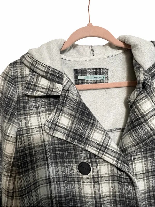 maurices Plaid Double Breasted Hooded Pea Coat Jacket Women's Size L - Image 3