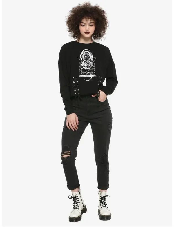 Hot Topic - Geometric Floral Lace Up Sweatshirt size L - Image 2