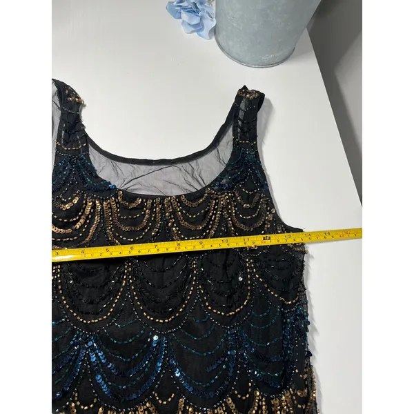 Vintage Art‎ Deco Beaded Scallop Mini Dress Navy Gold Iridescent Flapper - Image 7