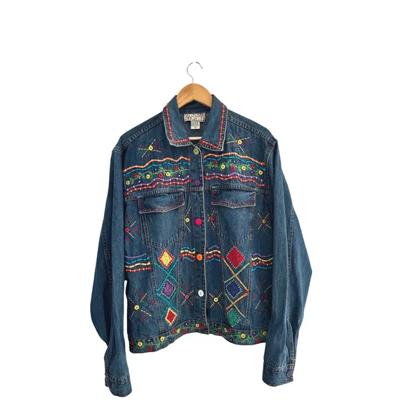 New Directions Vintage 90s Embroidered Denim Jacket Boho Floral 1X - Image 2