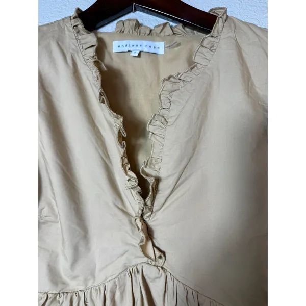Endless Rose Puff Sleeve Peplum Top Tan Ruffle V-Neck Cotton Size S JJ1080T - Image 4
