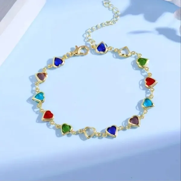 Elegant Heart Charm Bracelet in Gold with Multicolor Accents - Image 2