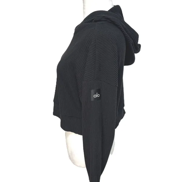 Alo Yoga Muse Hoodie Black Ribbed Knit Cropped‎ Athleisure Pullover Sporty M - Image 2