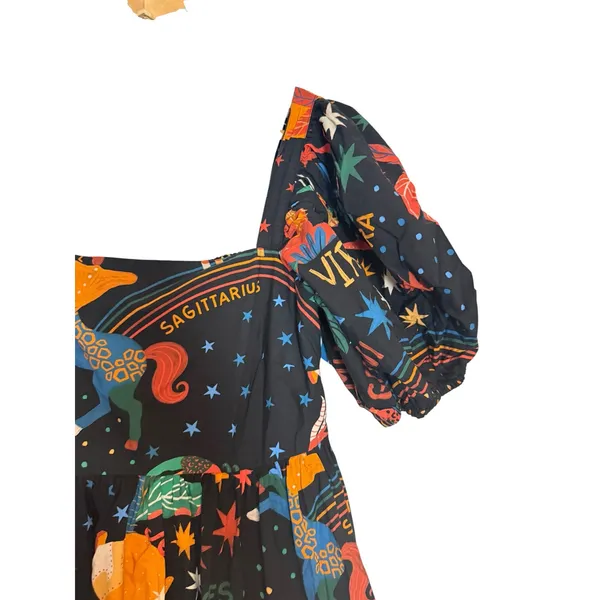 Farm Rio Zodiac Print Black Puff Sleeve Square Neck Babydoll Mini Dress Size M - Image 8