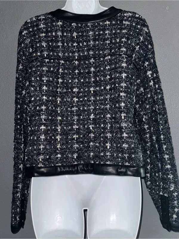 White House Black Market Black Tweed Style Cropped Leather Trim Jacket Large - Image 5